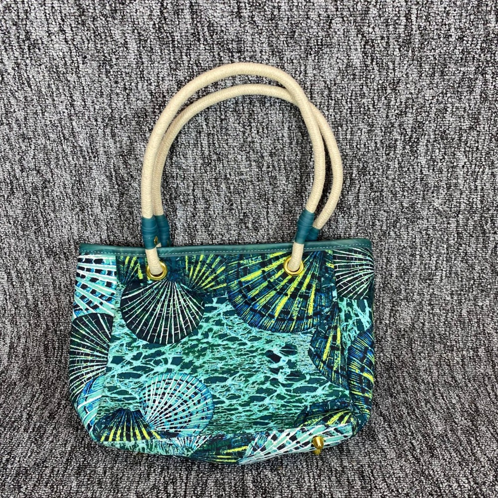 Palm Island Sea Turtle Seashell Tote Bag Pouch Set Teal Blue Beach Rope Handle - Picture 12 of 16
